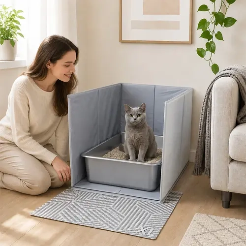 Foldable Cat Litter Box Splash Guard - Waterproof Oxford Fabric Enclosure, Square/Round Compatible, Stable Non-Slip Base, Paw & Fur Trap, Smooth Wipe-Clean Surface, Portable Open-Design Pet Supply Barrier for Household Use,sohochic