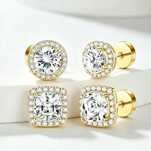 4-Piece Luxury Stud Earring Set for Women & Men, Classic Round and Square Earrings in Gold/Silver Sparkling Tone, Hypoallergenic Fashion & Exquisite Jewelry for Birthdays, Anniversaries and Special Occasions