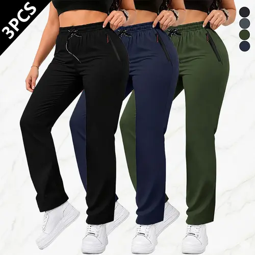 Pack of 3. Women’s fashion solid-color athletic pants featuring a drawstring waist and zippered pockets; zippered pocket design suitable for outdoor sports and everyday outdoor wear for women.Summervibes