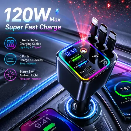 GYIOEUPT 120W Super Fast Charger Set - 7-in-1 Retractable Car Charger Adapter, Multiport Tangle-Free 3-Cable Station, PD 20W USB-A/65W USB-C, 1-Click Galaxy Projector, LED Voltage Display, Smart Chip, Compatible with iPhone Samsung Android iPad