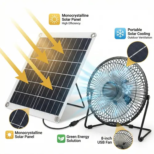 8in Solar Powered Fan with 8in Strong Airflow - Install-Free, 15W IP65 Portable Silicon Cells Solar Panel, Compatible with Power Bank, for Camping, Greenhouse & Chicken Coop Air Circulation/Cooling (For Outdoor Users), Dual Mode