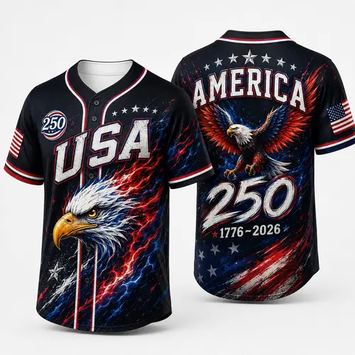 Men's Patriotic Black Baseball Jersey - USA 250th Anniversary Button-Down Top with Bald Eagle Graphic, Flame Print for 4th of July July 4th Wear, Professional Sports Outdoor Clothing
