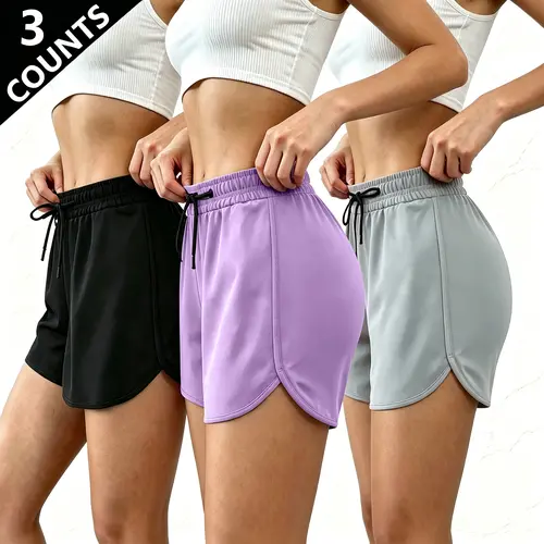 Pack of 3 Women's Solid-Color Light Fit Activewear Shorts, Soft Everyday Casual Home Bottoms with Drawstring Waist, Sportswear for Summer Yoga & Sleep, Lady