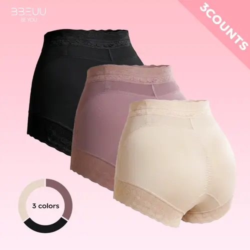 BBEUU Live-only High-Waisted Briefs 3pcs for Women ,  Lace Trim & Mesh Panels, Elastic Breathable, Non-Slip Strips, Versatile Simple Panty-for live