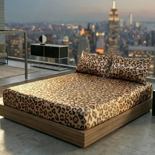 Leopard Print Satin 2/3 Piece Bedding Set, Silky Smooth Deep Pocket Fitted Sheet with Pillowcases, All Season Luxury Bedding for Bedroom Hotel Use bed sheet set summerwins cozy satin bed sheets