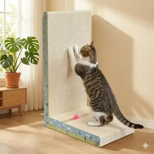FANJUN-AMTECH Cartoon Classic Vertical L-Shaped Chew-Resistant Cat Scratcher - Furniture Protector, Upgraded Sturdy Cardboard Pad, High-Density Hardened Plant Fiber Ramp with Bell Toy Ball for Wall Corners, Indoor Cat Furniture, TikTokShopSummerSale