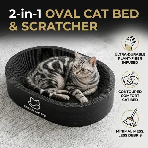 2-in-1 Oval Cat Scratcher Cardboard & Lounge Bed, Upgraded High-Density Corrugated Paper with Plant Fiber, Sleek Black Scratching Nest for Indoor Cats Cat Furniture cool cat stuff for indoor tiktokshopsummersale