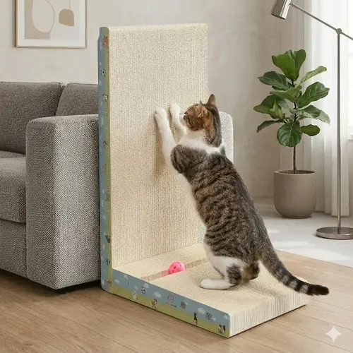 2-in-1 L Shaped Cat Scratcher Ramp & Toy, Wear-Resistant Eco-Friendly Cardboard Scratching Post, Durable Claws Grinding Pad with Track Bell Ball for Large Cats, Wall-Mounted Available tiktokshopsummersale, Classic, Small