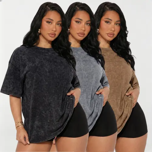 Women’s three-piece set: oversized washed distressed short-sleeve T-shirt; soft, casual loose fit; 100% pure cotton loose casual base layer top, suitable for music festivals, casual wear, and everyday outfits.