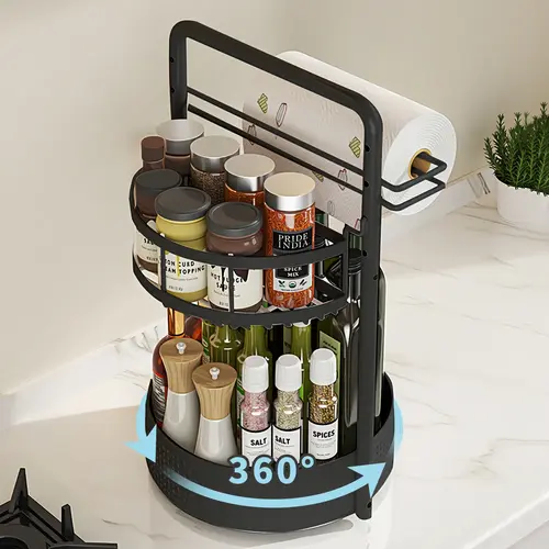 9.84in Round 2-Layer Adjustable Durable Metal Rotating Lazy Susan Spice Rack Turntable, Waterproof Portable House Organizer with Built-in Tissue Holder, Carry Handle for Kitchen Cabinet Bottle Storage, Bath & Fruit Household Accessory