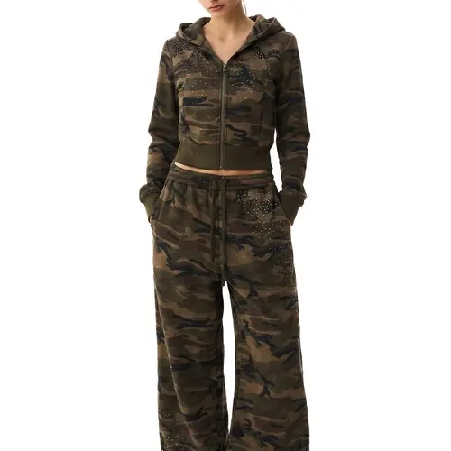 FDR Camo Rhinestone Hoodie Set Cropped Two Piece Outfit Women Fall Fashion