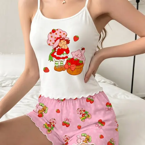 Summer Women's Pajama Set 2-Piece Camisole Panties Set, Sleeveless Casual Fitted Sleepwear, Strawberry Girl Print, Comfortable Home, Loungewear