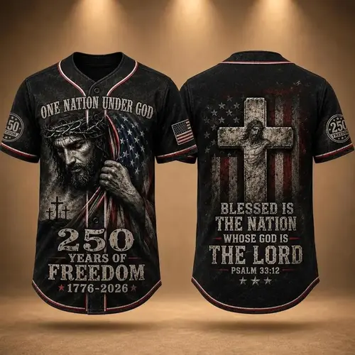 Patriotic Faith Baseball Jersey, Jesus Cross Vintage US Flag Print, 1776-2026 Freedom Themed Casual Holiday Gift # TikTokMadeMeBuyIt # USA250 # AmericanPride # Independence Day # Baseball Jersey