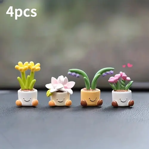 4Pcs Premium Texture Mini Flower Potted Ornaments - Auto Interior Accessories, Car Stuff, Multipurpose Mini Gifts for Automobile Dashboard & Desktop (Indoor Recreation Use)