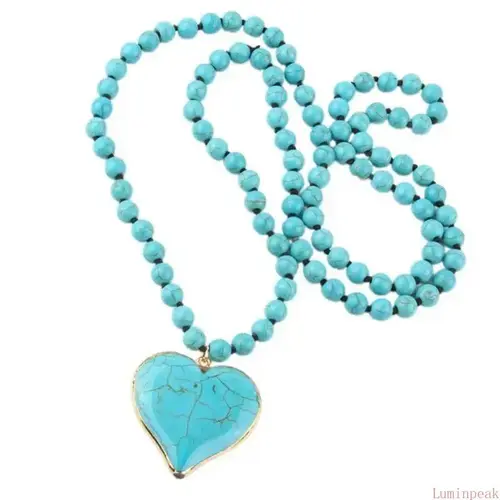 Women's Handmade Vintage Boho Turquoise Jewelry - Long Length Gemstone Necklace with Heart Pendant, Colorful Gems Sweater Chain for Everyday Wear, Boho Style Necklace