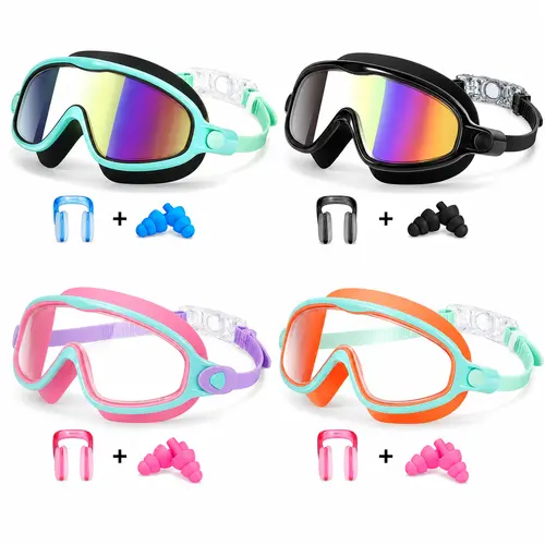Kids Anti-Fog Pool Goggles Set for 3-15 Years, UV Protection Waterproof Eye-Friendly Swimming Glasses, Comfortable Silicone Wide Vision Adjustable Toddler Swim Goggles with Earplugs Nose Clip for Boys Girls Youth