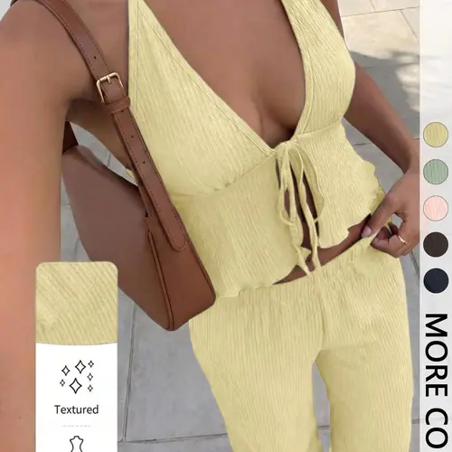 Women's Minimalist Textured Woven Two-Piece Set, Stretchy Lightweight Breathable Halter V-Neck Tie Front Crop Top & Elastic Waist Wide Leg Pants, Daily Casual Vacation Wear