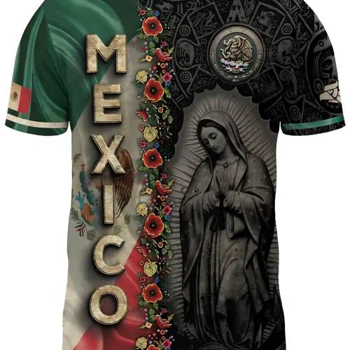 Mexican Style Cultural Guadalupe Virgin Digital Print Short Sleeve T-Shirt, Aztec Totem Retro Casual Men's T-Shirt, Geometric Pattern, Slim Fit, Streetwear, Menswear, Tops