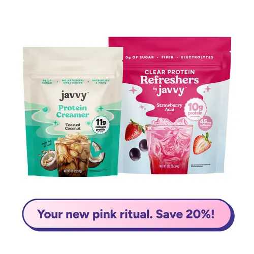 Javvy Pink Protein Drink Bundle with Collagen - Strawberry Acai Refresher & Sweet Cream Coffee Creamer – Pink Strawberry Sweet Cream Refresher with Clear Whey, Electrolytes & Collagen – Keto Friendly, No Added Sugar
