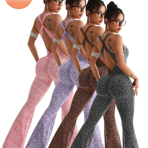 Four-Piece Leopard Print Sports Bra Set, High-Waisted Seamless Yoga Pants, Sleeveless Cross-Back Design, All-Season High Stretch Activewear, Seamless Yoga Sportswear Set, Workout Set