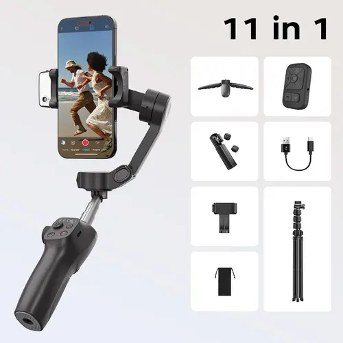 FUNSNAP CM9 3-Axis Anti-Shake Foldable Camera Gimbal Stabilizer for iPhone & Android Phones - Aluminum Alloy, Detachable 33ft Remote Control, 360-Degree CM9 AI Tracking, Dimmable Fill Light, Extendable Rod, Tripod for Video Recording, Travel Vlogging