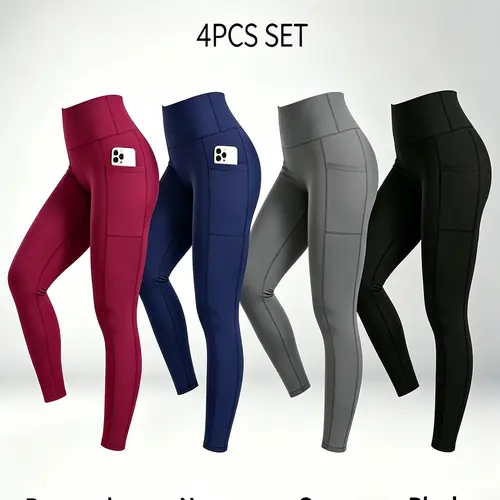 4-pack high-waisted full-length leggings with pockets, tummy control,  yoga pants for spring, summer, and fall training; summery vibes; women’s wear, solid color, all-season casual style， clothing gym Athletic Bottoms butt lifting all-day activewear
