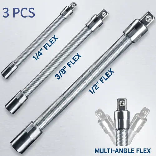 YY1 Set Socket Ratchet Wrench Tool Kit (1/2, 3/8, 1/4 in) - 3 Bendable Rods, Wrench Extender, Connecting Rod, Multi-Angle Flex - Car Tools for Mechanic Auto Repair, Home Maintenance to Reach Tight Corners