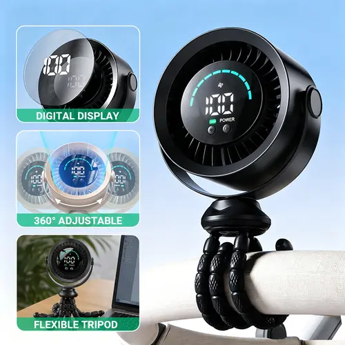 Qawtor 2026 Summer 4000mAh Cordless Camping Multifunctional Rechargeable Battery Portable Fan - LED Display, 360° Adjustable Flexible Tripod, USB Rechargeable Clip Fan for Desk, Outdoor Use, Car, Cordless Camping Fan,back to school,back to school haul