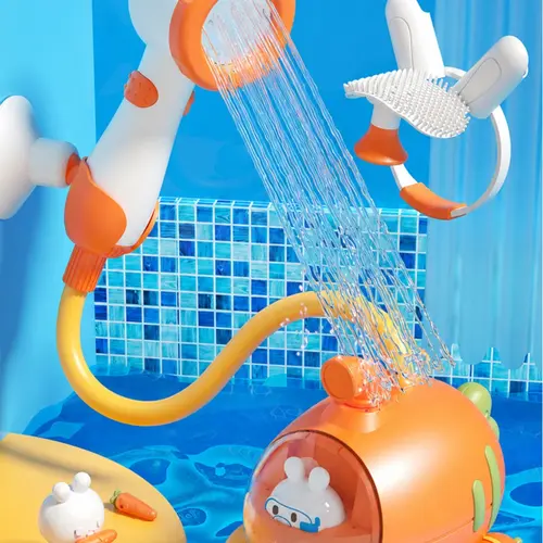 MOREFEEL 0-3 Years Baby Submarine Bath Toy - 2-in-1 Shower Head & Silicone Brush with Gentle Hair Rinse, Floating Bathtub Sprayer, Flexible Hose, Suction Cups, ABS Material, Waterproof Battery, Wall-Mount Wall-Stick Storage