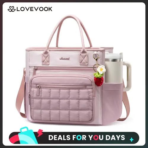 LOVEVOOK Insulated Lunch Bag Women,Puffer Adult Lunch Box Women with Handmade Strawberry Charm,Wide Opening Leakproof Cooler Bag with Cup Holder for Work Picnic,Lunch Box/Bag for Kids Girl Boy School DealsForYouDays