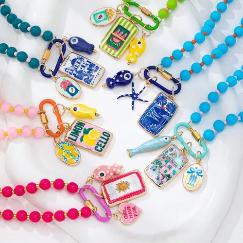 6 Pcs Multicolor Summer Beaded Necklace Set, Enamel Lemon Starfish Tropical Pendant, Beach Resin Jewelry, Fun Tropical Style, Adjustable Beaded Design, Assorted Necklaces