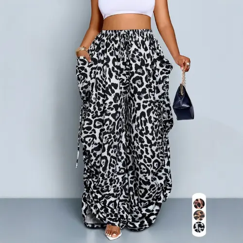 2026 New European American Punk Style Leopard Print Wide Leg Pants, High Waist Ruched Drawstring Loose Fit Casual Trousers for Women