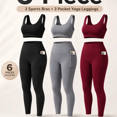 OKP Women's 6-Piece Sporty Sportswear Set - Matching Tank Tops + High-Waist Pocket Leggings, Moisture-Wicking Activewear for Yoga Gym, Back to School Haul Outfits, Leggings Women