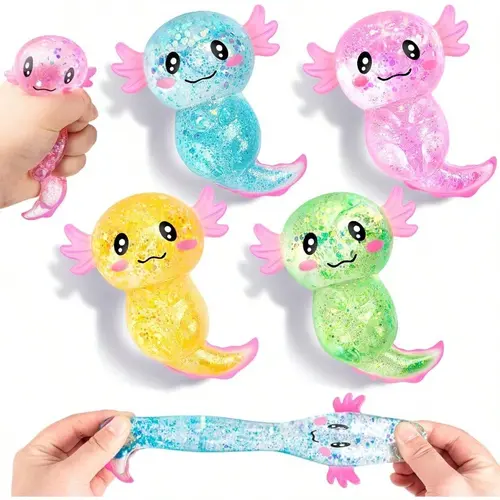 4PCS Glitter Axolotl Squishy Toys Cute Stress Relief Filled Sensory Fidget Toy for Kids Adults Soothing Birthday Party Favors Gift