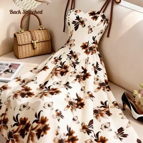 Women's Apricot Brown Floral Print Vintage Spaghetti Strap A-Line Dres