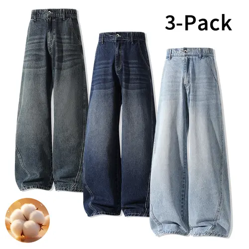 Men’s 3-Pack Washed Assorted Vintage High Waist Baggy Loose-Fit Straight Denim Jeans - Chic Buttons, 90s Aesthetic, Sporty Fashion Streetwear, Vintage Things, Polyester Menswear Bottoms