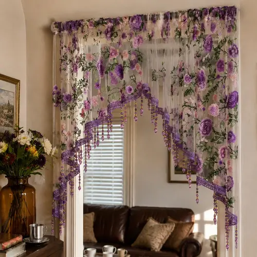 Vintage French Country Whimsy Purple Rose Embroidery Arched Valance Curtain - Beaded Tassels, Vintage Floral, Indoor Room Decor, Home Decor Items, Bedroom Curtain