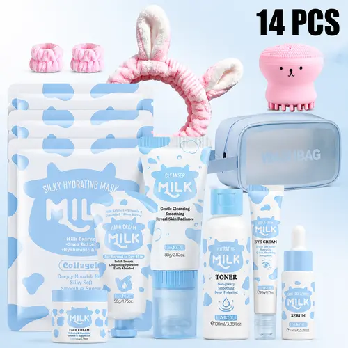 EGFSK 14PCS Milk Hydrating Beauty Products Self Care Kit for Women - Box-Packed/Boxed Assortment/Combo Skin Care Kits with Cleanser, Toner, Serum, Eye Cream, Hand Cream, Face Mask, Headband, Travel Cosmetic Bag, Box-Packed Skin Care Kits