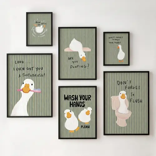Funny Ducko Bathroom Wall Art Poster - Artistic Graphic Prints, Playful Funny Decor, Sage Green Stripes Nursery Quote Canvas Print, Kid Room-Bathroom Home Decor, Whimsical Toilet Hygiene Sign, Cute Cartoon Item
