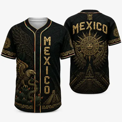 Men's 2026 Mexico Button-Down Short-Sleeve Sports Apparel Jersey with Golden Eagle Graphic, Aztec Calendar, Temple Print, Flag, Letter - Multi-Size Baseball Tops for Game Day, Festivals