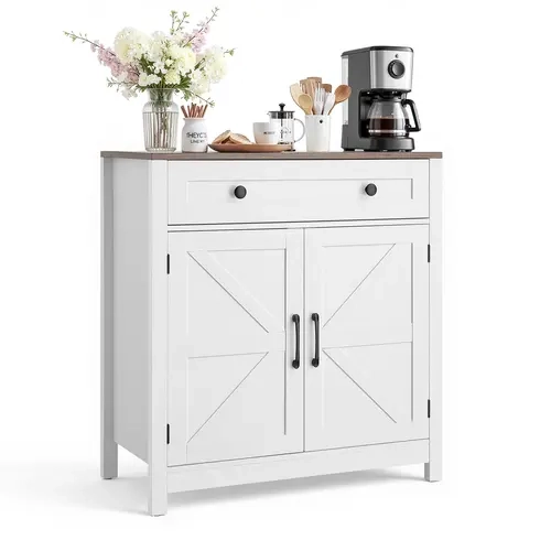 VEVOR Farmhouse Coffee Bar Cabinet Coffee Bar Station - Durable Metal-Constructed Buffet Stand with 1 Drawer, 2 Barn Doors, Anti-Tip Kit, 29.5x14.7x31.5in White Sideboard for Living Room, Kitchen (Assembly Required),dorm essentials,home decor#BacktoSchool