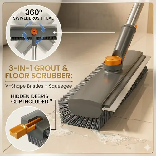 S 3-in-1 Telescopic Floor Brush & Squeegee: Effortless Grout & Tile Cleaning for Bathroom, Garage, and Decks - No More Bending Over!