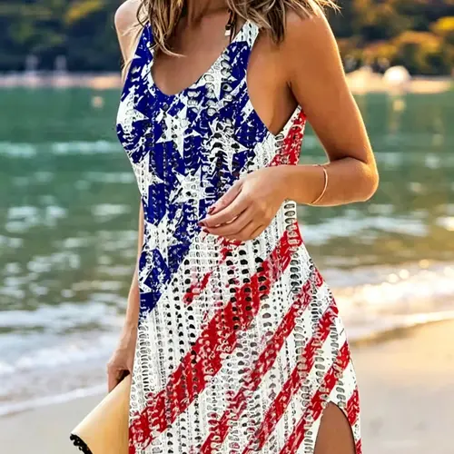 American Flag Summer Dress for Women, Sleeveless Patriotic Sundress with Side Slit for 4th of July, BBQ, Parade, Fireworks & Vacation