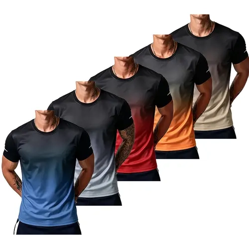 Men's Casual Lightweight Short-Sleeve T-Shirts (Pack of 5) - Menswear, Men's Clothing, Stylish Gradient, Soft, Comfortable, Breathable, Versatile, Moisture-Wicking, Round Neck, Ideal for Everyday Wear, Travel, Father's Day Gift