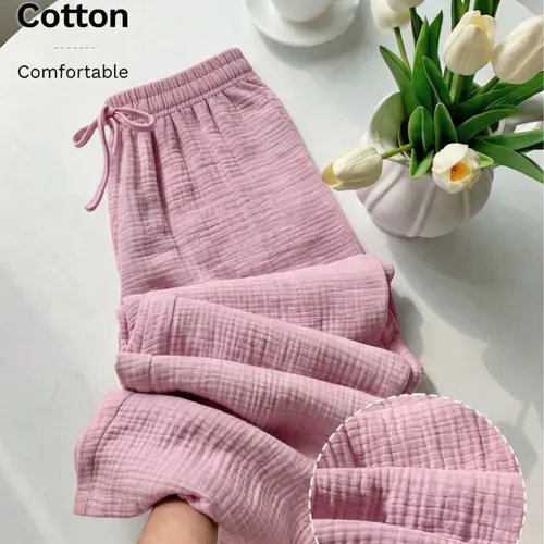 Women’s 100% pure cotton home casual pants with a ruched texture; elastic drawstring waist; cloud-like softness and breathability; wide-leg long pants; lightweight, skin-friendly, comfortable loose fit; suitable for all-day wear, sleep, vacations, and eve