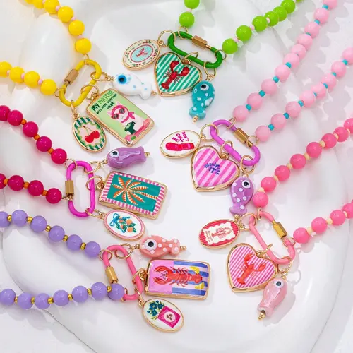 6Pcs Boho Colorful Resin Beaded Necklace with Adjustable Beaded Design, Enamel Charms & Carabiner Clasp Pendant - Dopamine Beaded Necklaces Set,  Aesthetic, Summer/Beach/Vacation Wear, Kitschy/Tropical Style