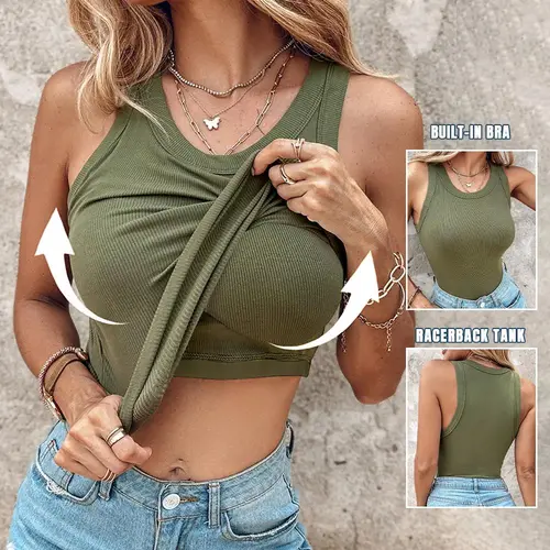 Women's Ribbed Fit Tank Top, Short Halter Neck Racerback Sports Top with Built-in Padded Bra for Gym Fashion & Casual Wear