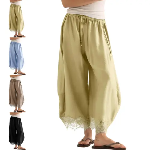 Buenoble Women’s Lace Hem Balloon Pants, Lightweight Rayon Casual Wide Leg Pants with Elastic Waist & Pockets
