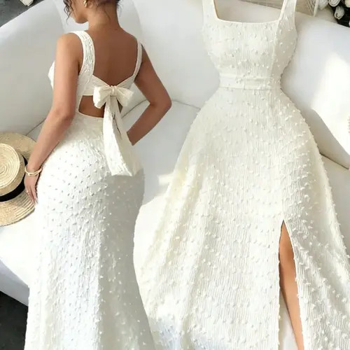 New Women's Square Neck Split Hem Sleeveless Dress, Textured Knit Fabric, Chic Elegant Formal Slim-Fit Long Dress for Party, Womenswear