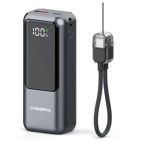 Digiera 10000mAh Power Bank with Built-in Charging Cable Lanyard, 20W PD Fast Charging,Dual-Direction USB-C Cable, LED Battery Display, Compact & Travel-Friendly